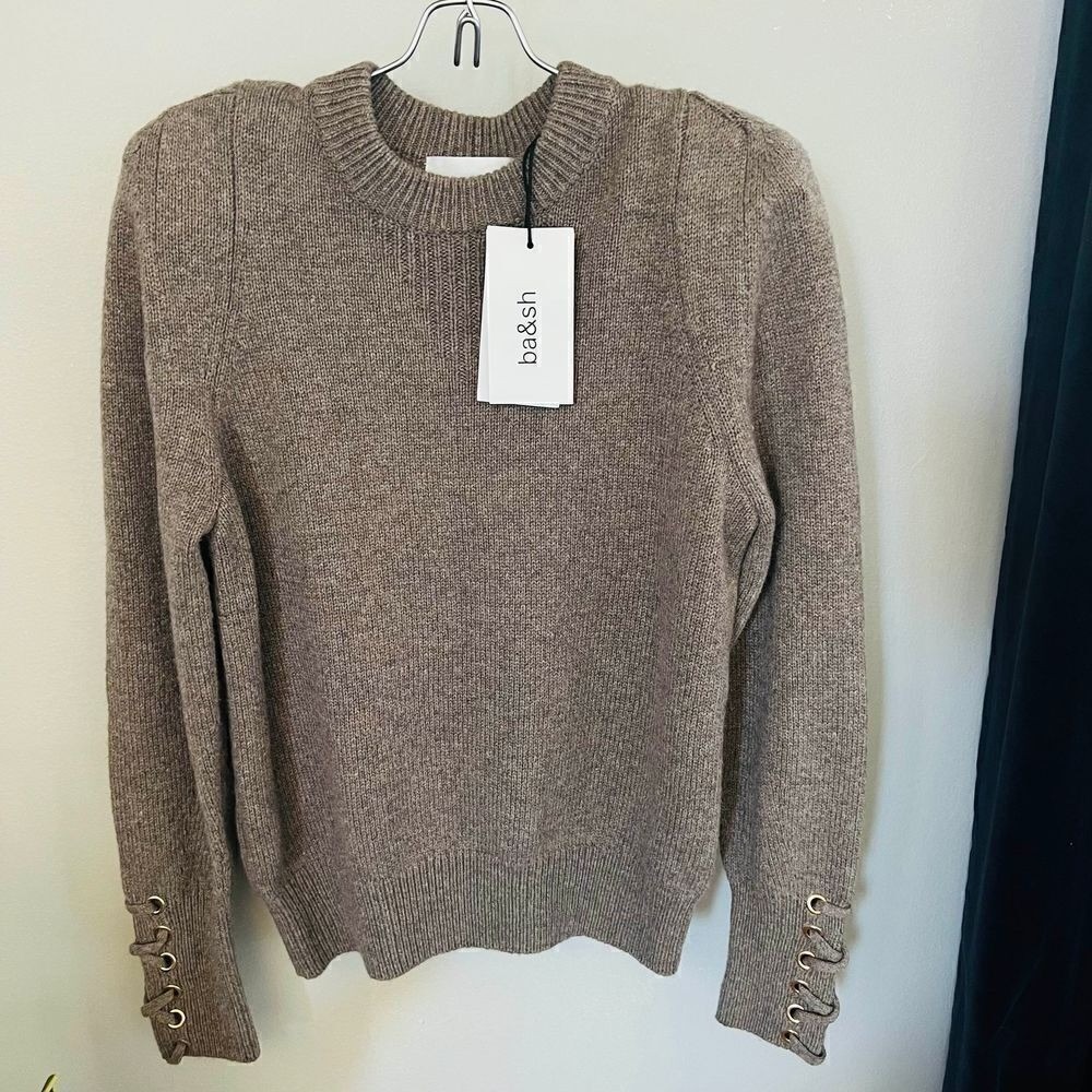 BA&SH Keane Lace-Up Cuff Wool & Cotton Sweater, Tan, Size Small, DESIGNER, NWT